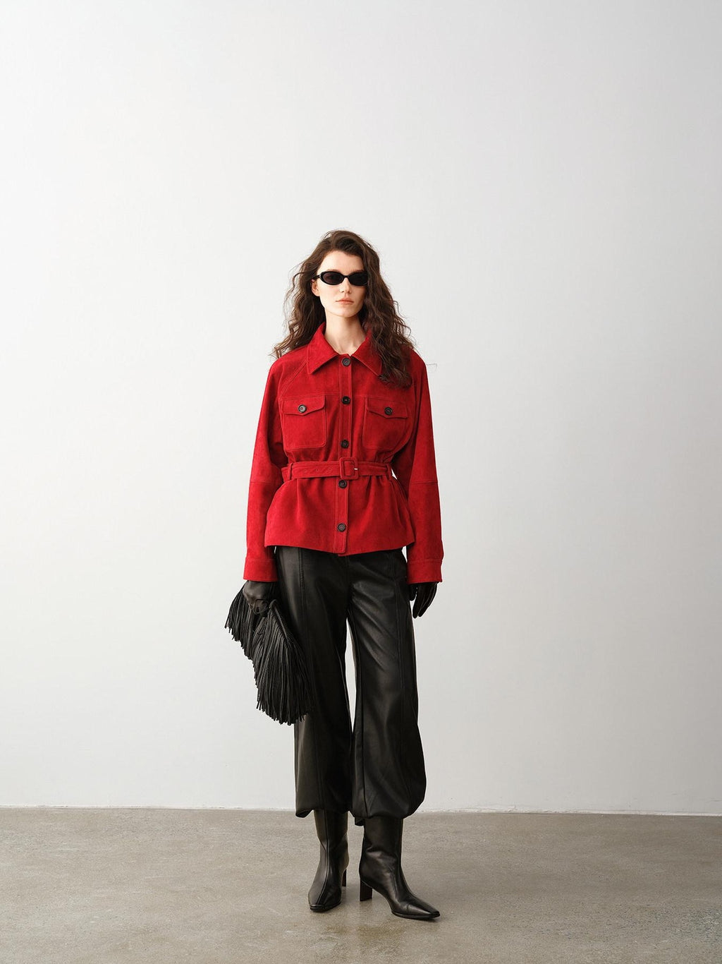 audreyyang Premium Lambskin Loose Fit Lapel Button Women Chinese Red Cropped Jackets