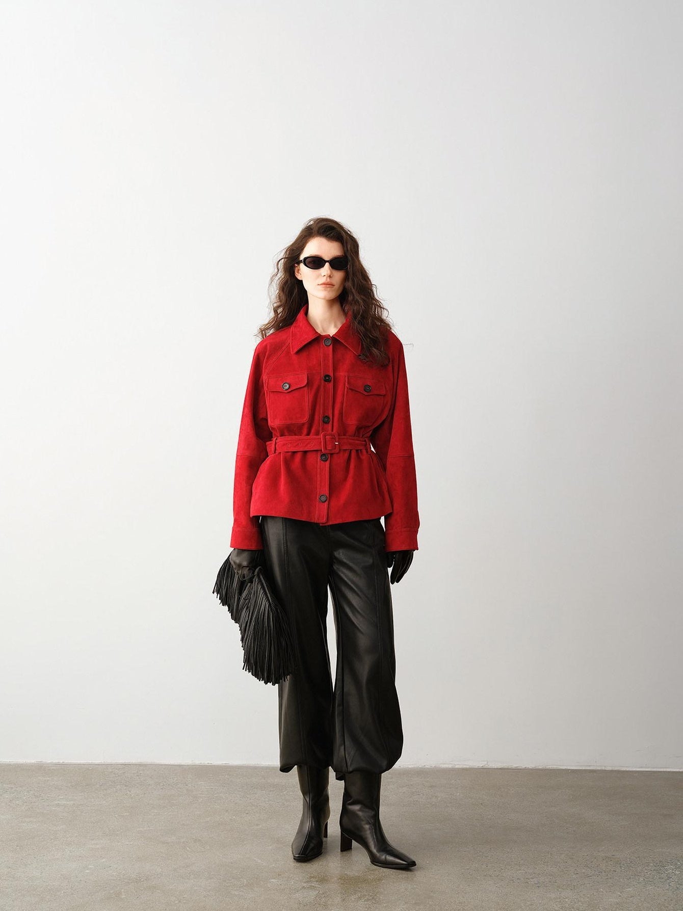 audreyyang Premium Lambskin Loose Fit Lapel Button Women Chinese Red Cropped Jackets