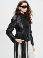 audreyyang Lambskin Vintage Loose Women Double Breasted Black Leather Jackets