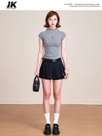 ikyou 3D Embellished Slim Fit Mock Neck Commuter Cotton Short Sleeve T-Shirts