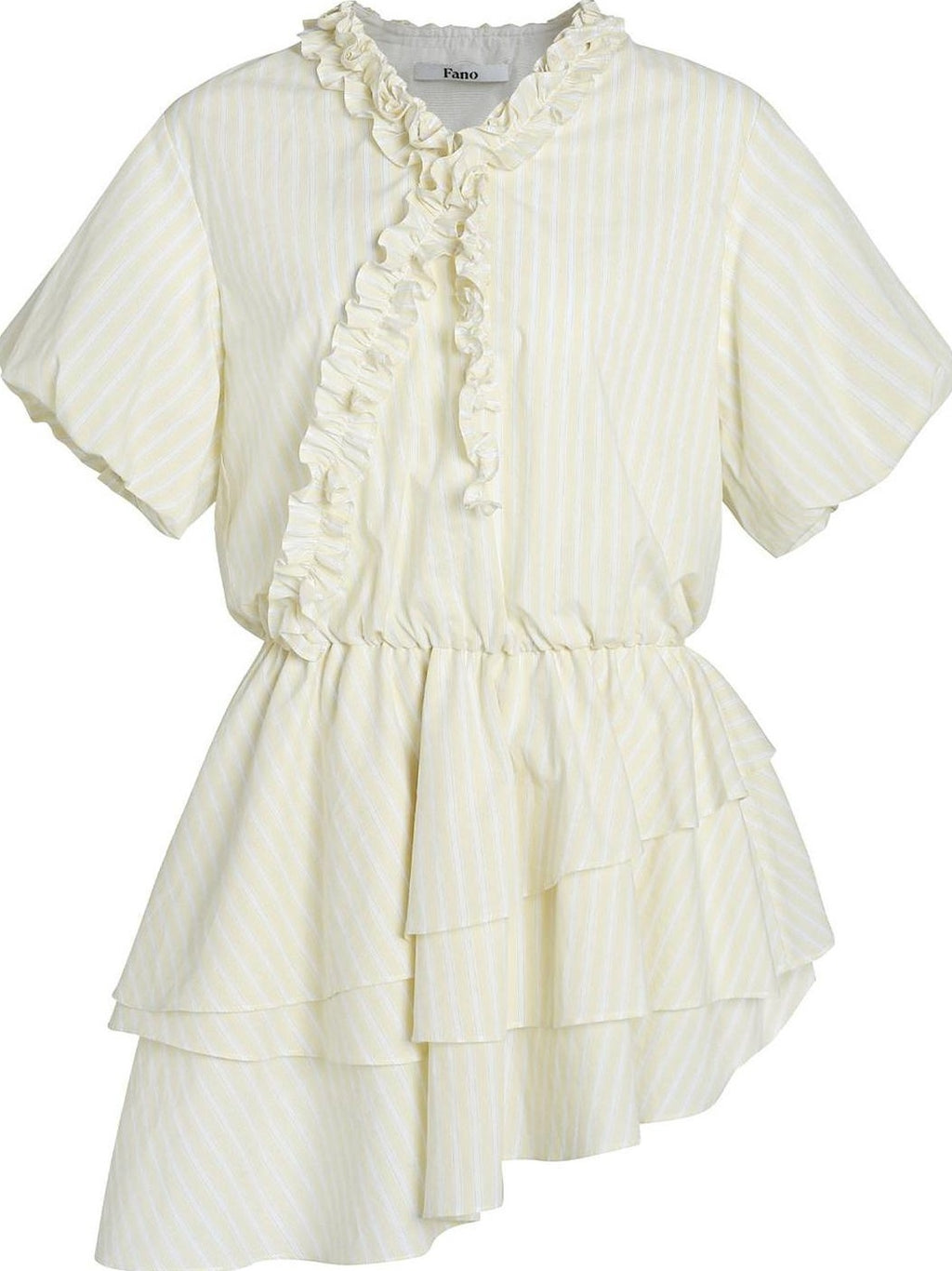 fano Pure Cotton High Waist Ruffle Puff Sleeve V-neck Yellow Striped Midi Dresses