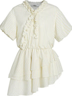 fano Pure Cotton High Waist Ruffle Puff Sleeve V-neck Yellow Striped Midi Dresses