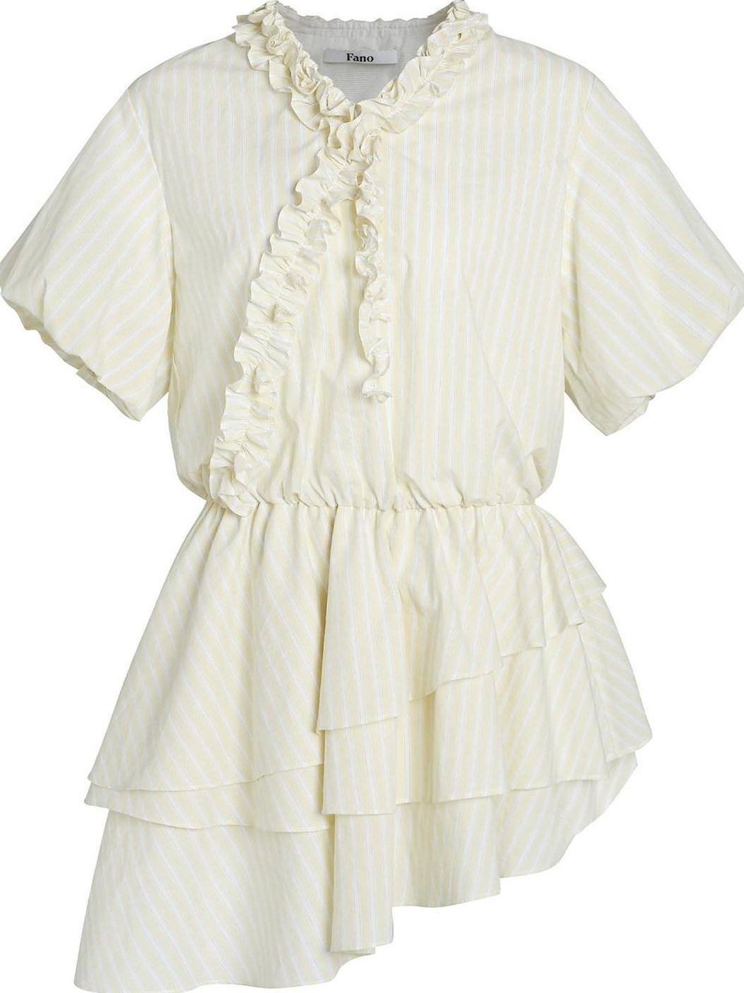 fano Pure Cotton High Waist Ruffle Puff Sleeve V-neck Yellow Striped Midi Dresses