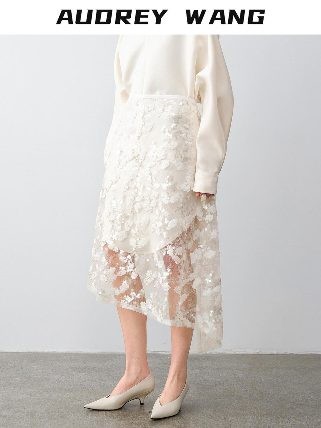 audreyyang Shimmering Sequin Lace Asymmetrical Mid Rise Tie Waist Women White Midi Skirts