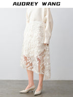 audreyyang Shimmering Sequin Lace Asymmetrical Mid Rise Tie Waist Women White Midi Skirts