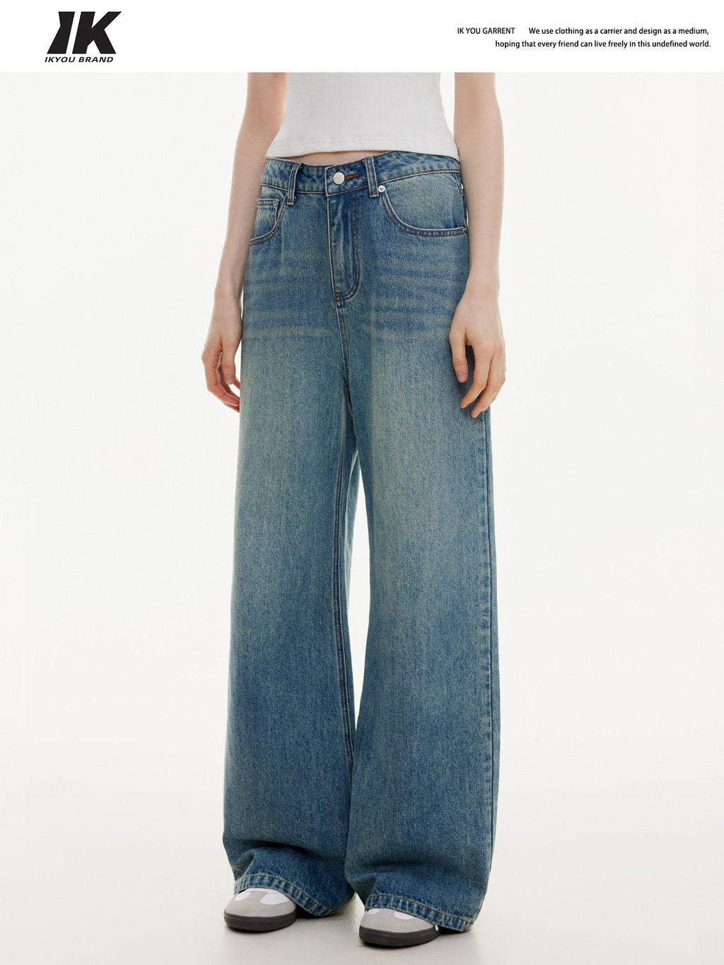 ikyou Washed Distressed Loose Casual Natural Waist Denim Blue Everyday Wide Leg Jeans