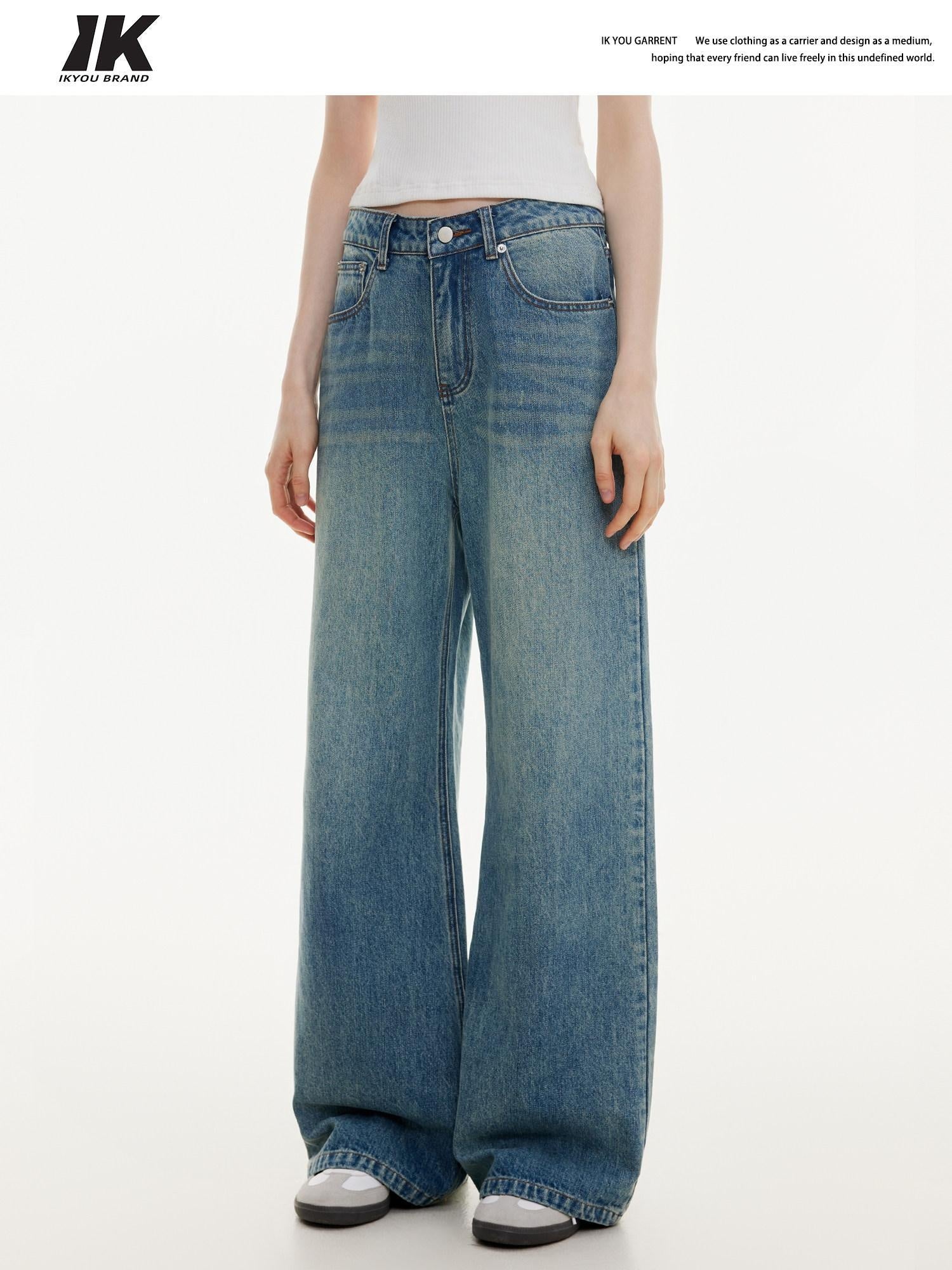 ikyou Washed Distressed Loose Casual Natural Waist Denim Blue Everyday Wide Leg Jeans