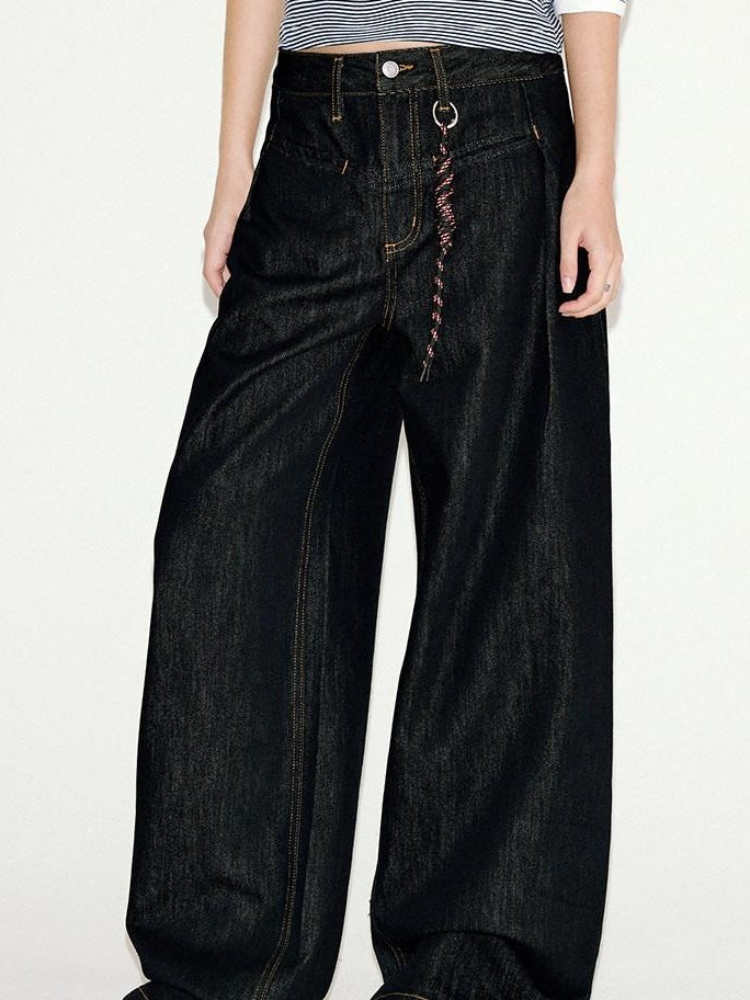 fano Comfortable Everyday Natural Waist Loose Fit Youth Black Straight Leg Jeans