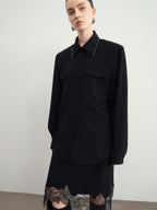 Original Loose Lapel Long Sleeve Open Front Patch Pocket Women Solid Blouses