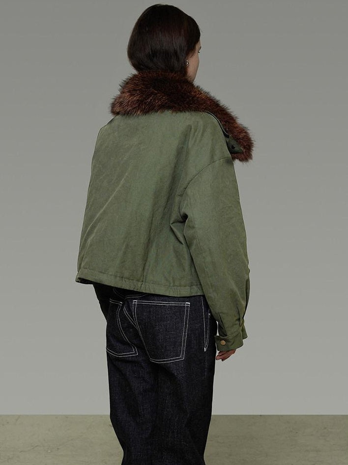 unspoken Fur Collar Short Single Breasted Office Olive Green Long Sleeve Cropped Jackets