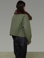unspoken Fur Collar Short Single Breasted Office Olive Green Long Sleeve Cropped Jackets