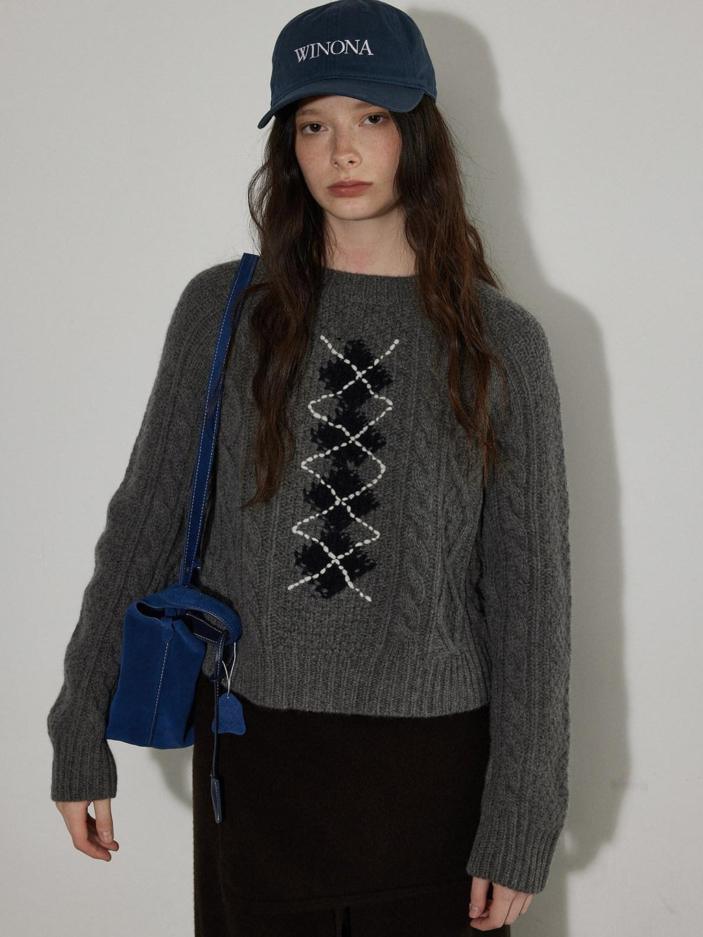 Lofi choose Soft Acrylic Crewneck Loose Fit Diamond Pattern Commuter Knitwear Sweaters
