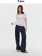 fano Deep Blue Natural Waist Relaxed Casual Zip Fly No Stretch Wide Leg Jeans