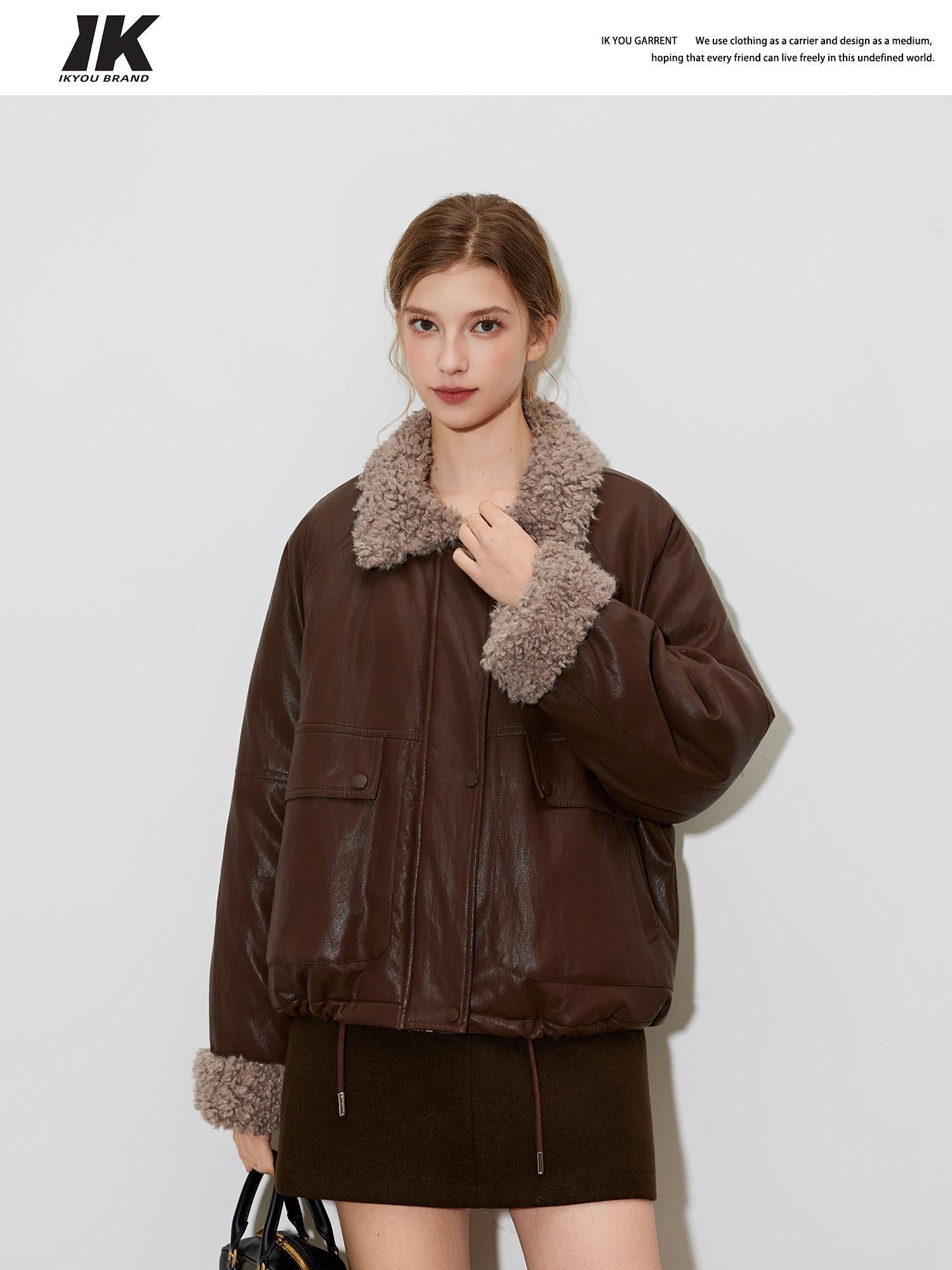 ikyou Thick Pu Leather Embroidered Zip Pocket Oversized Korean Brown Cropped Jackets