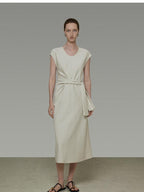 unspoken Cotton Blend Tie Waist Minimalist Commuter Short Sleeve U Neck Maxi Dresses