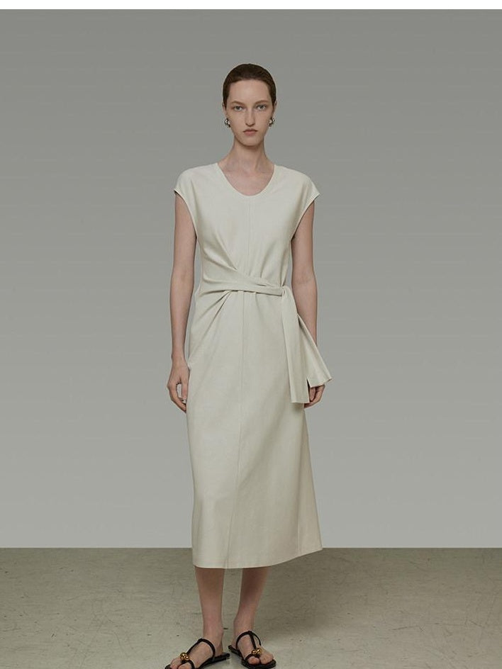 unspoken Cotton Blend Tie Waist Minimalist Commuter Short Sleeve U Neck Maxi Dresses