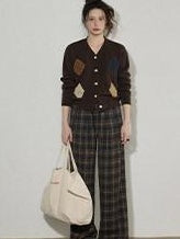 Lofi choose Wool Blend Colorblock Loose V-neck Women Workwear Argyle Button Knit Cardigans