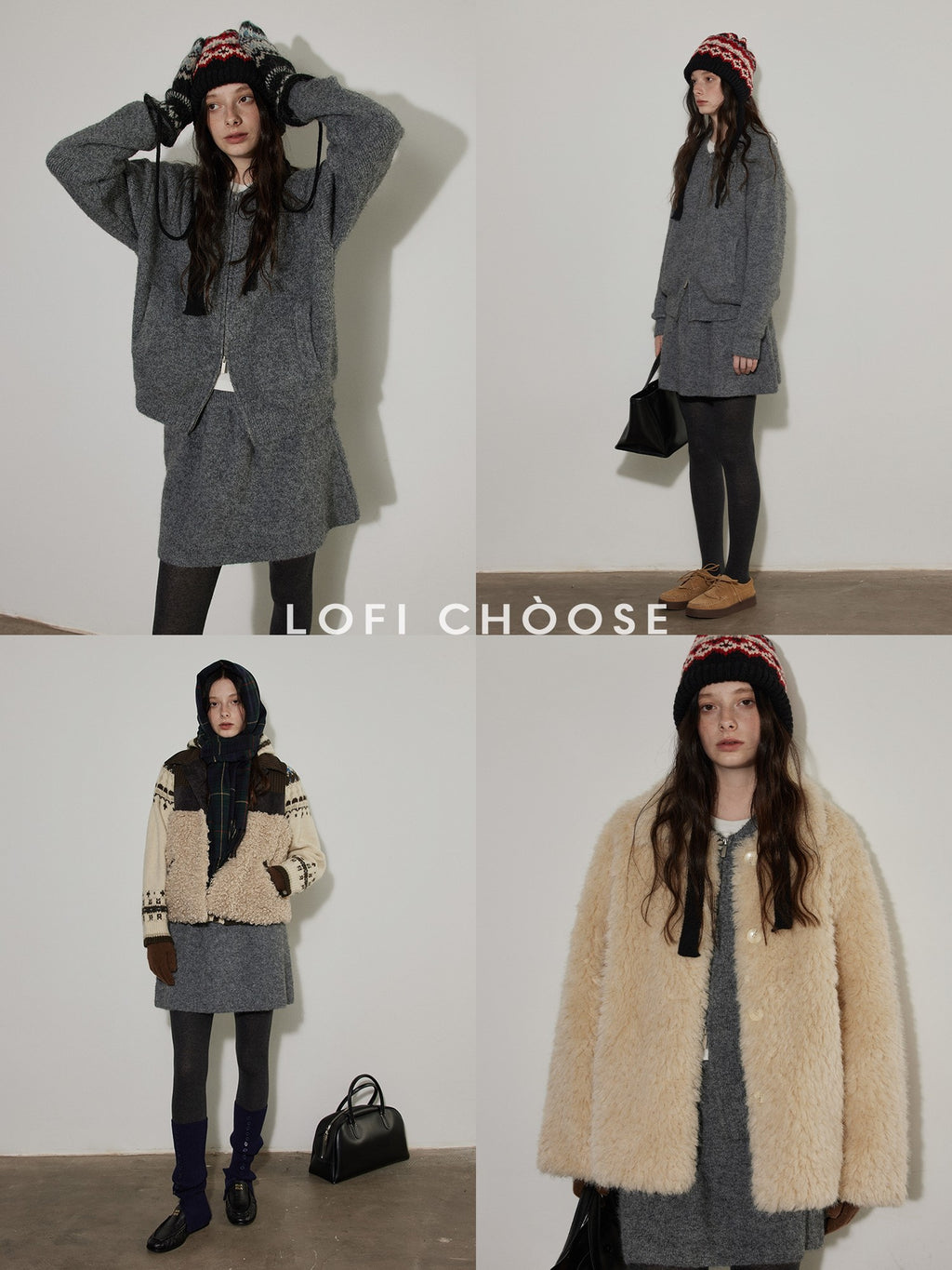 Lofi choose Knit Wool Blend Zip Cardigan Loose Fit Office Gray Short Skirt Top & Skirt Sets