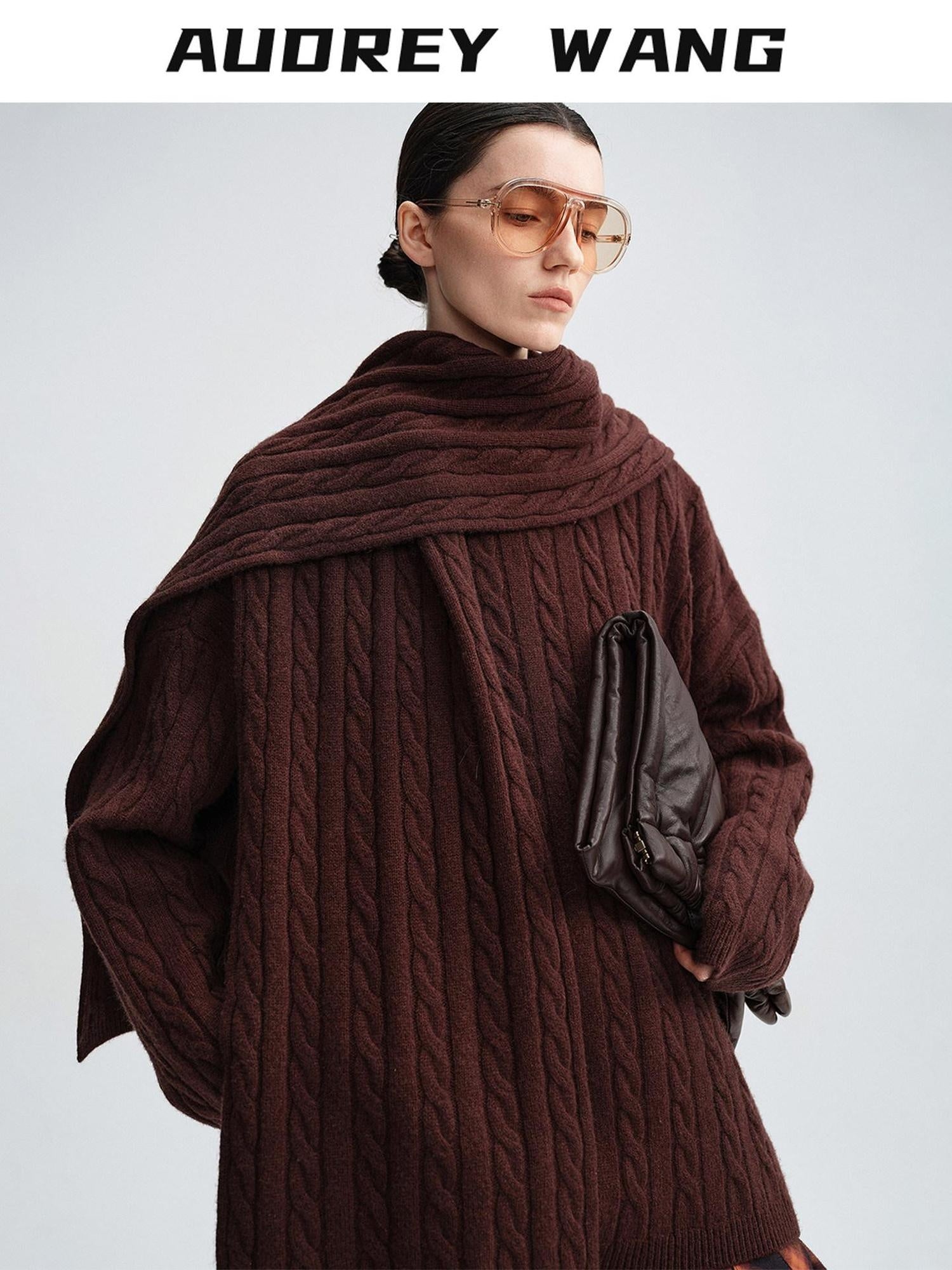 audreyyang 100 Percent Sheepswool Thick Vintage Loose Built In Scarf Women Knit Sweaters