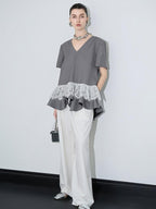 audreyyang Cotton Blend Commuter Patchwork Loose V-neck Heather Gray Short Sleeve T-Shirts