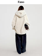 fano Warm Hooded Zip Closure Oversized Casual Boxy Fit Young Women Beige Short Coat