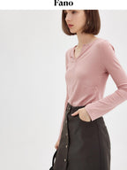 fano Soft V-neck Slim Fit Commuter Top For Women Solid Color Long Sleeve T-Shirts
