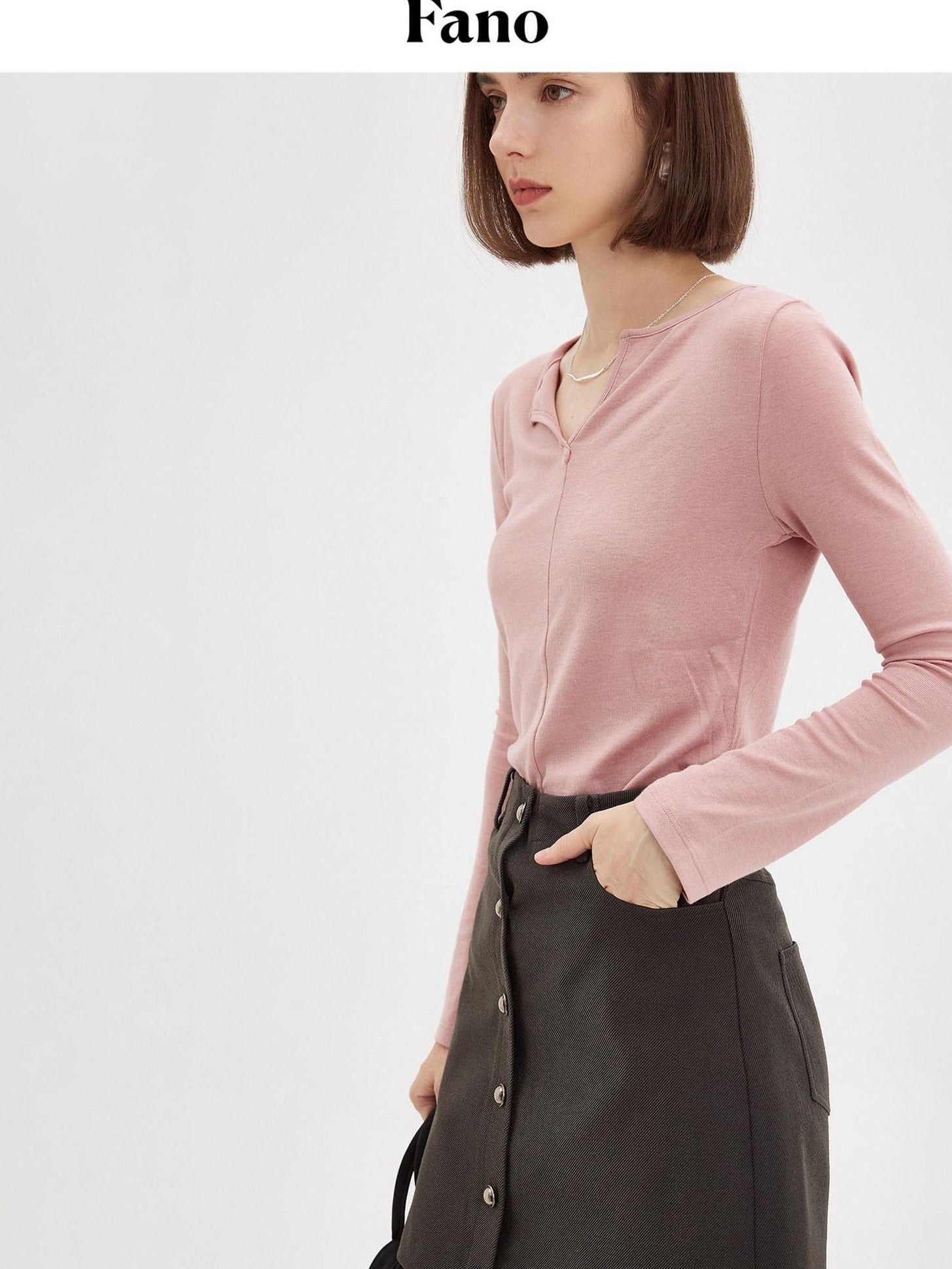 fano Soft V-neck Slim Fit Commuter Top For Women Solid Color Long Sleeve T-Shirts