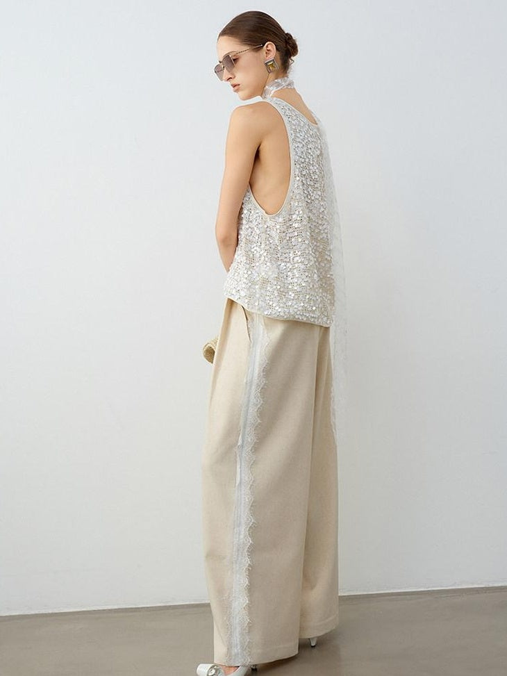 audreyyang Elegant Lace Natural Waist Office Loose Womens White Linen Blend Wide Leg Pants