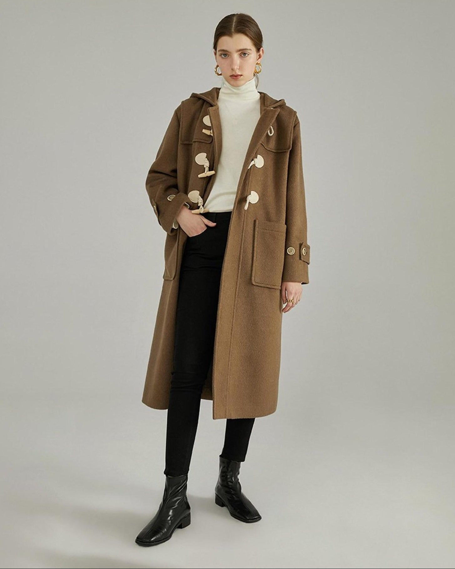 fano Toggle Pocket Minimal Commuter Midlength Women Polyester Blend Long Coats