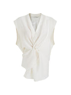 unspoken Breathable Linen Blend Sleeveless V-neck Tie Front Loose Fit Work White Blouses