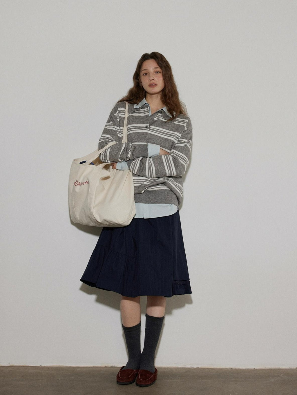 Lofi choose Soft Acrylic Blend Loose Fit Striped Polo Collar Office Women Knit Sweaters