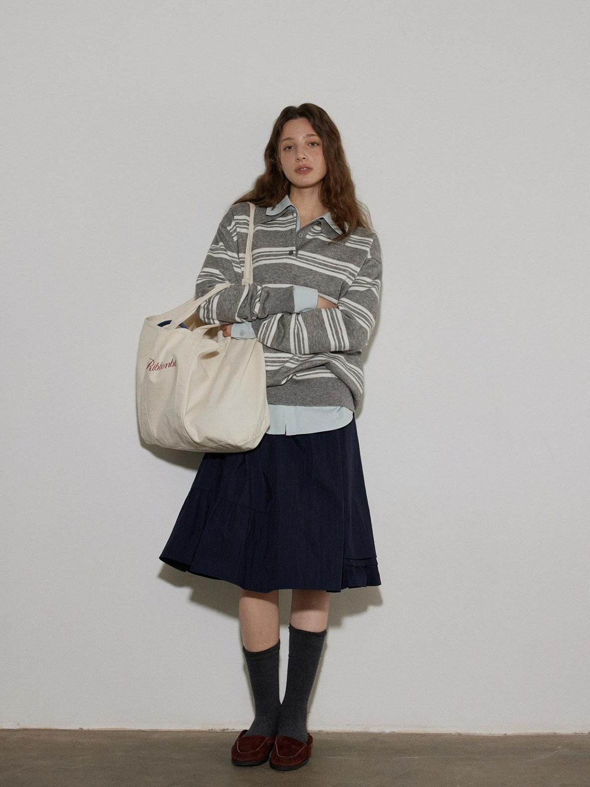 Lofi choose Soft Acrylic Blend Loose Fit Striped Polo Collar Office Women Knit Sweaters