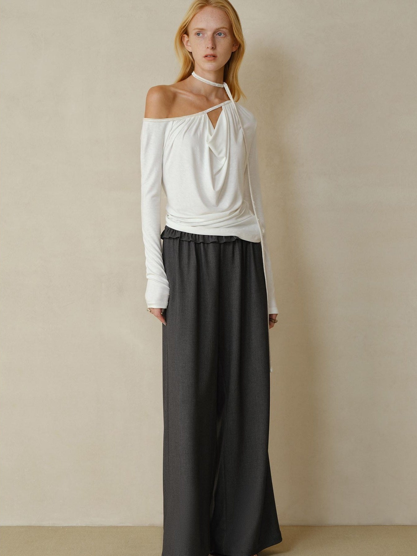 someonesometimes Soft Stretch Casual Ruffle Hem Women Heather Grey Viscose Blend Wide Leg Pants