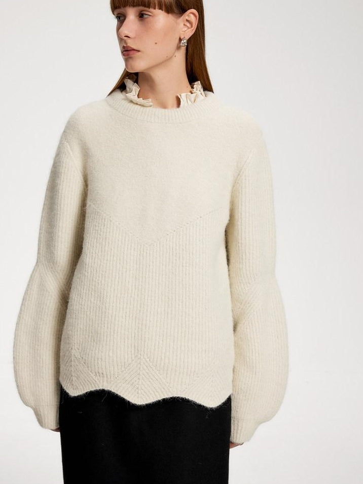 someone sometimes Recycled Viscose Wool Blend Commuter Crew Neck Pullover Cream Sweaters