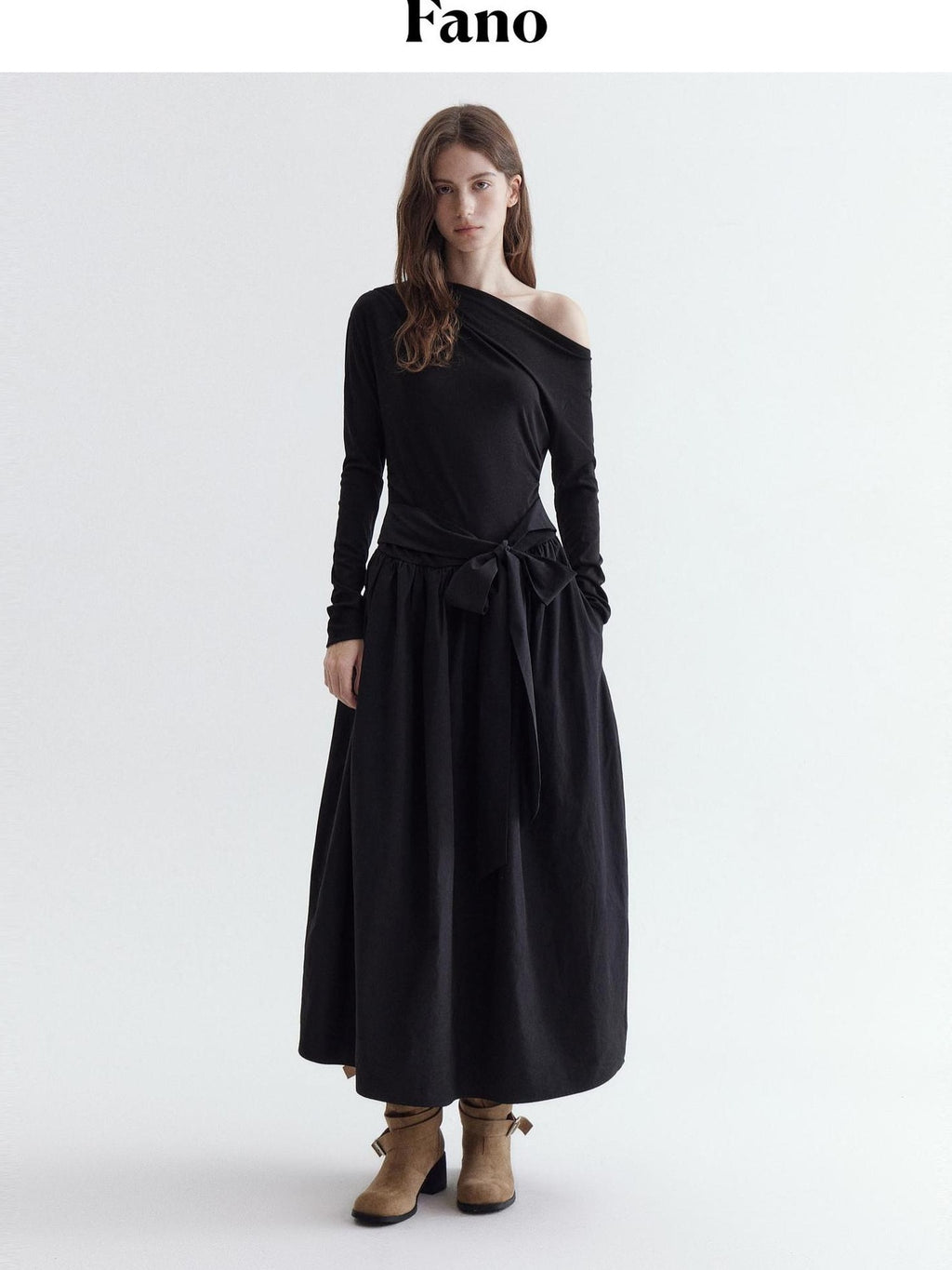 fano Viscose Blend Asymmetric Neck A Line Long Sleeve Workwear Women Maxi Dresses