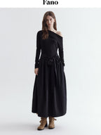 fano Viscose Blend Asymmetric Neck A Line Long Sleeve Workwear Women Maxi Dresses