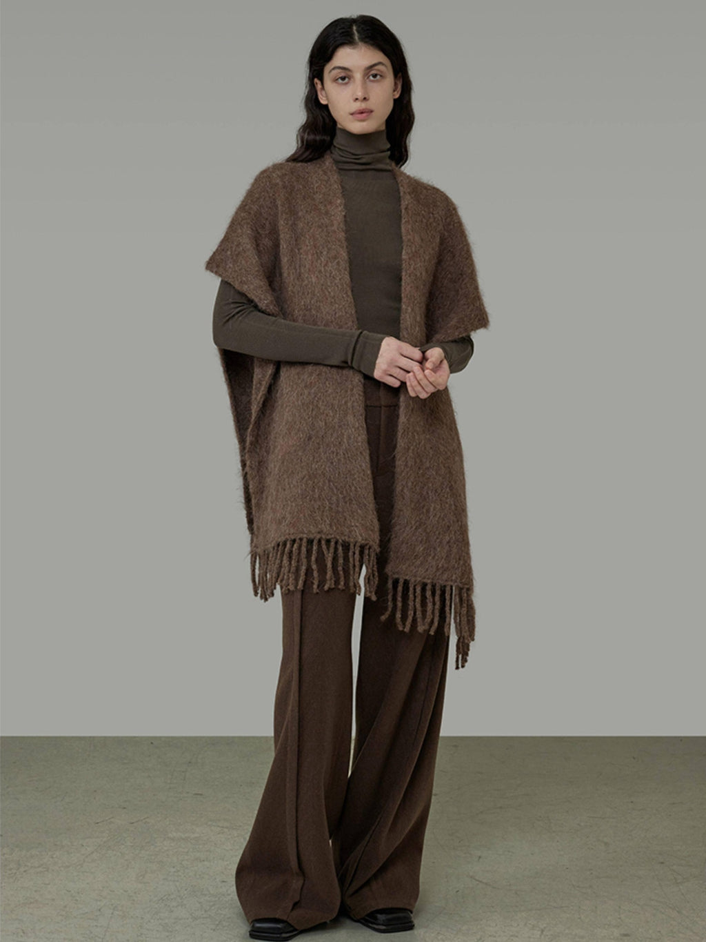 unspoken Cozy Warm Acrylic Fringe Shawl Rectangular Solid Brown Women Fashion Scarves