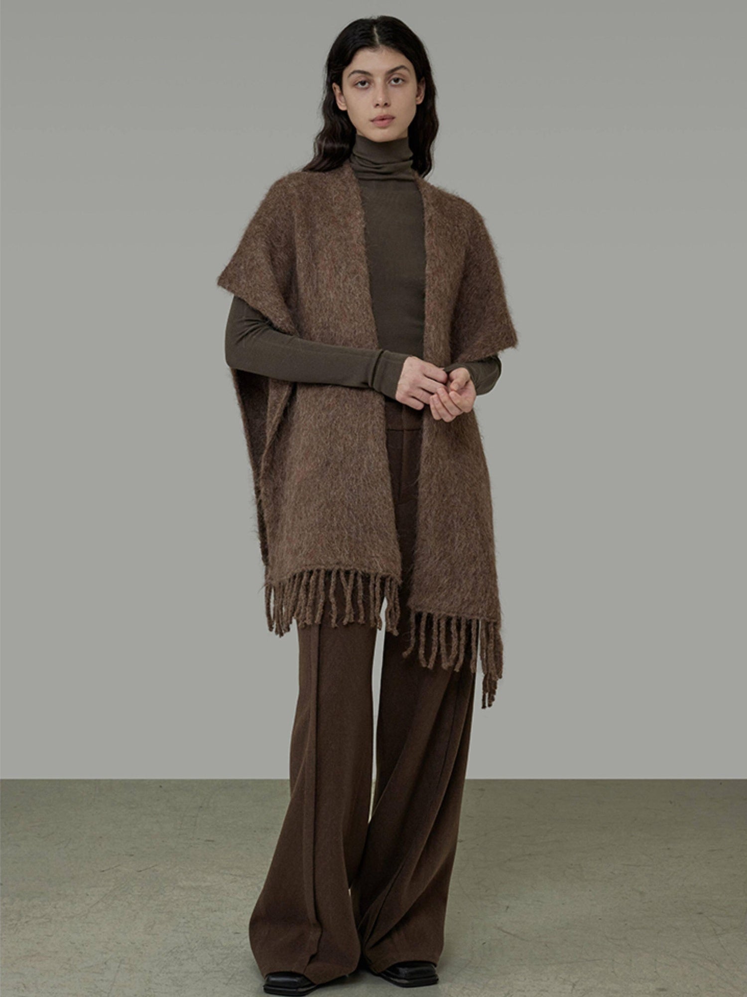 unspoken Cozy Warm Acrylic Fringe Shawl Rectangular Solid Brown Women Fashion Scarves
