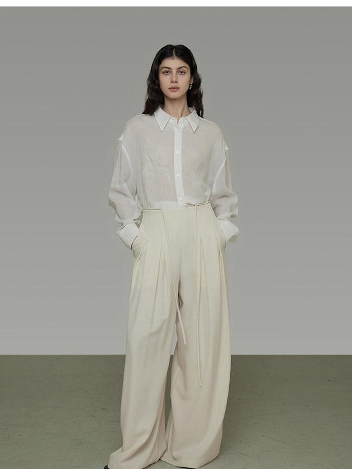 unspoken Breathable Embroidered Loose Polo Women Ramie Lyocell White Button Shirts