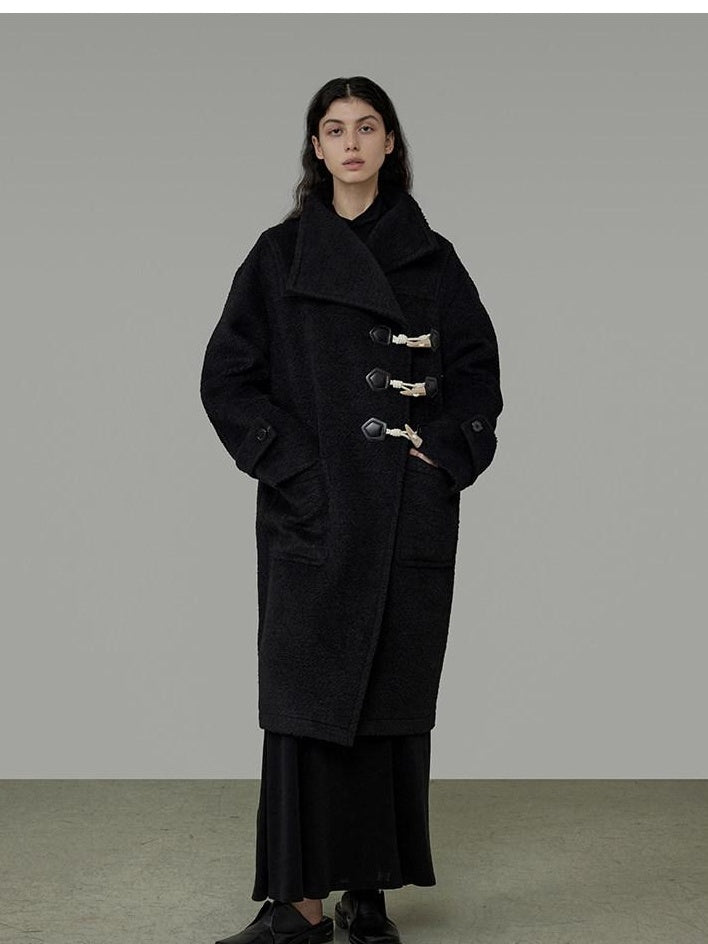 unspoken Warm Thick Long Single Breasted Black Loose Fit Minimalist Office Wool Coats