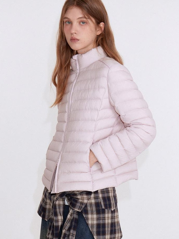 fano 90% White Duck Down Warm Slim Short Stand Collar Zipper Pink Down Jackets