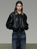 unspoken Commuter Loose Cropped Colorblock Patchwork Lapel Zipper Leather Jackets