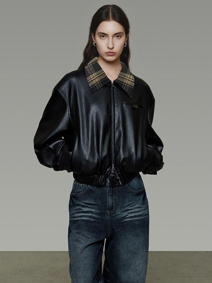 unspoken Commuter Loose Cropped Colorblock Patchwork Lapel Zipper Leather Jackets