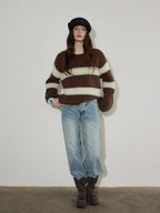 Lofi choose Cozy Acrylic Wool Colorblock Loose Fit Raglan Crewneck Striped Knit Sweaters