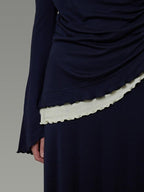 unspoken Navy Tencel Slim Fit Knit Round Neck High Waist Casual Women Top & Skirt Sets