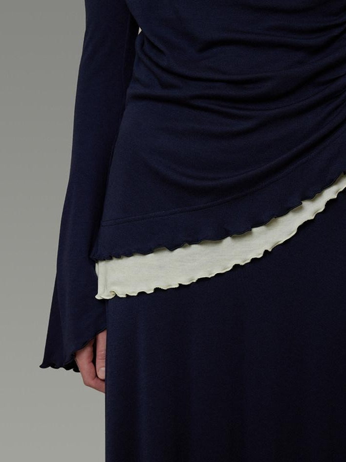 unspoken Navy Tencel Slim Fit Knit Round Neck High Waist Casual Women Top & Skirt Sets