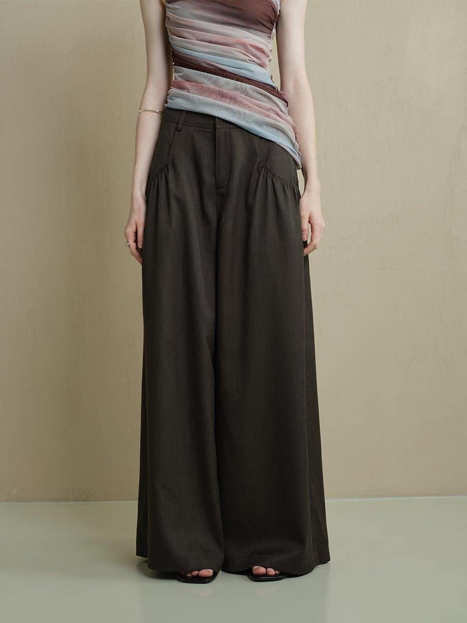 someonesometimes Comfort Minimalist Elastic Natural Waist Office Dark Brown Wide Leg Pants