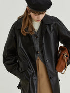 fano Warm Vintage Loose Fit Turn Down Collar Button Closure For Women Leather Jackets