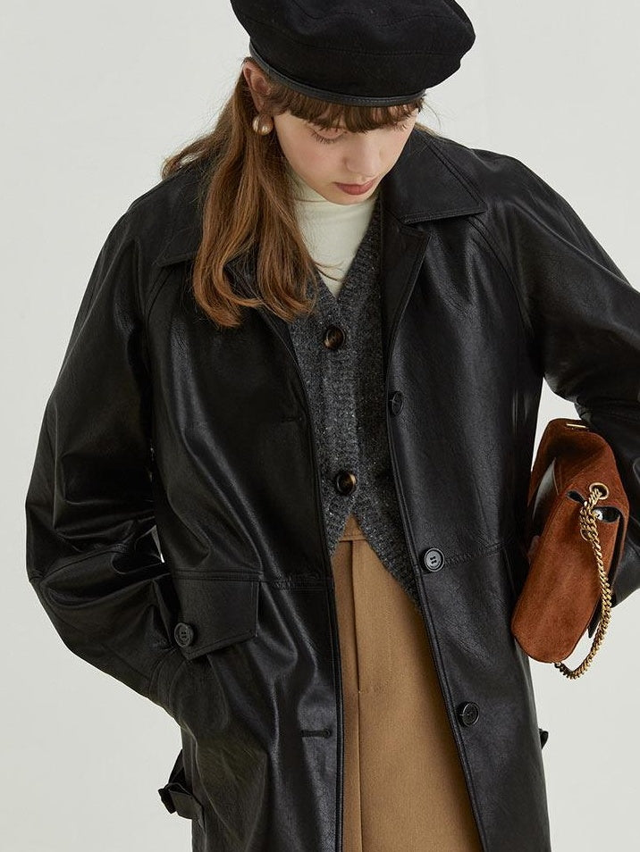 fano Warm Vintage Loose Fit Turn Down Collar Button Closure For Women Leather Jackets