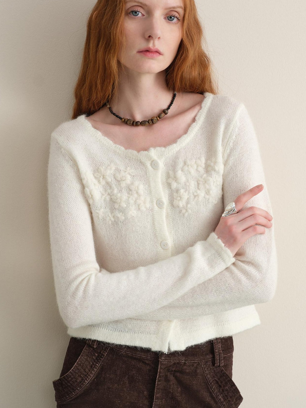 someonesometimes Hand Crochet Wool Floral Scallop Edge Casual Crewneck Button Women Cardigans